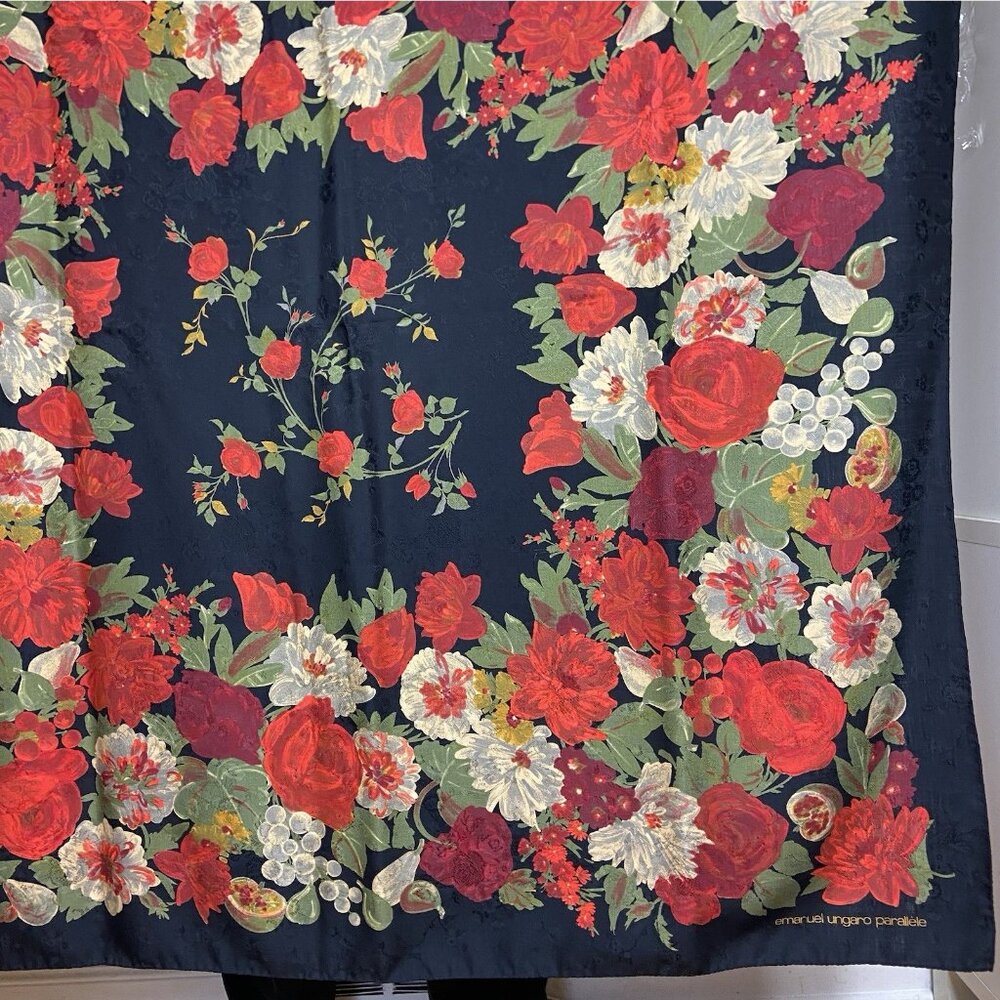 Vtg Ungaro Paris Floral Fruit Print Jacquard Huge 52” Scarf Shawl Wrap Black